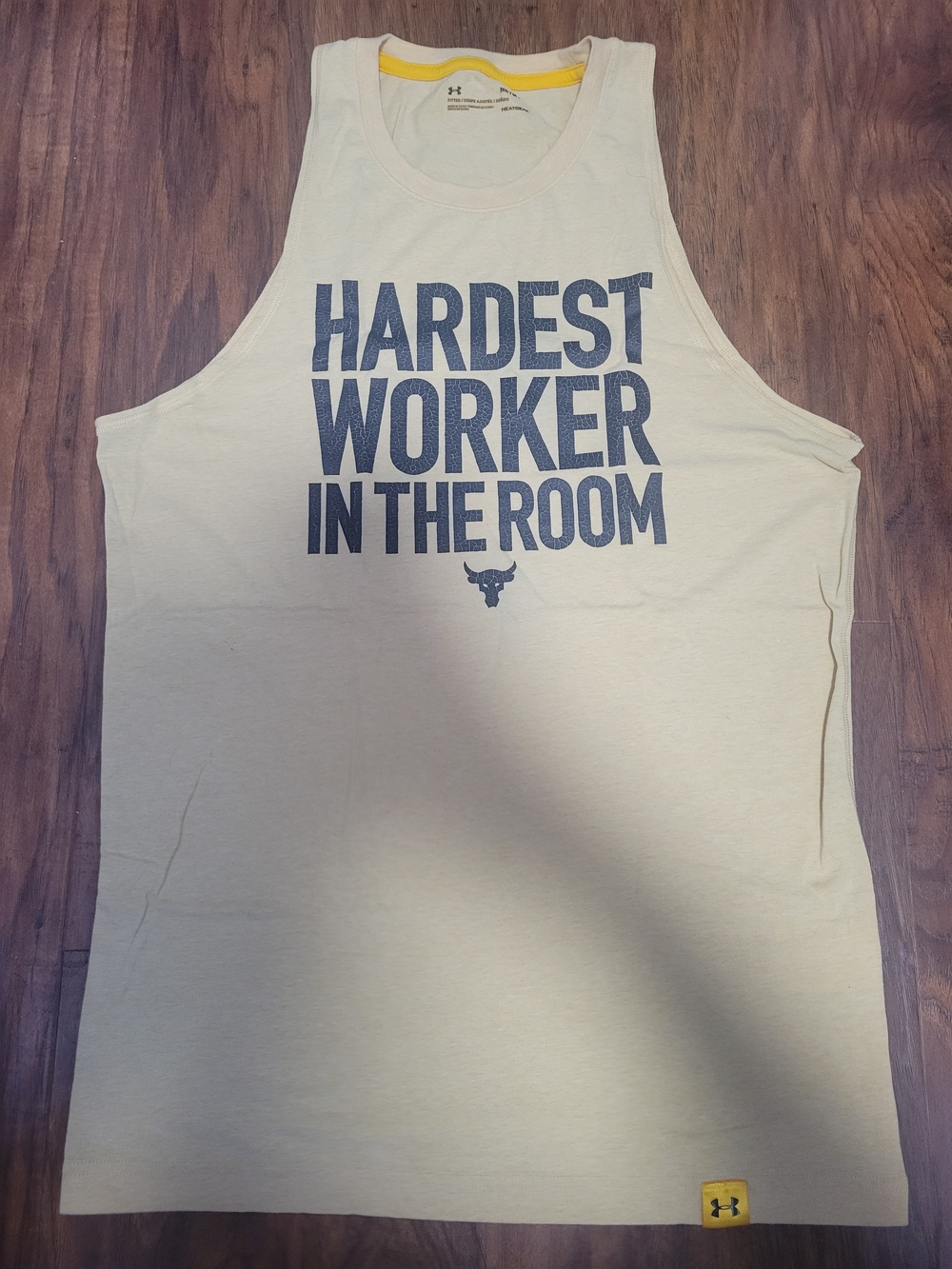 Under Armour Men’s Yellow Tank Top with Navy 'Hardest Worker In The Room' Print